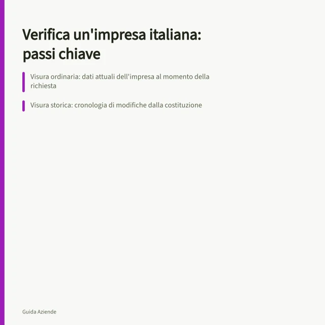 Verifica un'impresa italiana: passi chiave: Visura ordinaria: dati attuali dell'impresa al momento della richiesta; Visura storica: cronologia di modifiche dalla costituzione; Rating di legalità AGCM: giudizio sulla conformità legale e trasparenza. Come verificare un'impresa italiana: Registro Imprese, visure e documenti