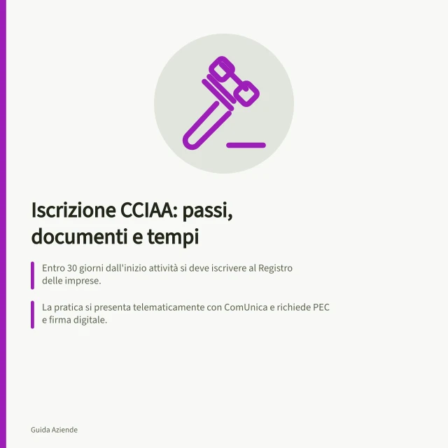 Iscrizione CCIAA: passi, documenti e tempi: Entro 30 giorni dall'inizio attività si deve iscrivere al Registro delle imprese.; La pratica si presenta telematicamente con ComUnica e richiede PEC e firma digitale.; Per le attività artigiane l'iscrizione all'Albo Artigiani può allungare i tempi a 7-20 giorni. Iscrizione alla Camera di Commercio: procedura, documenti e tempi